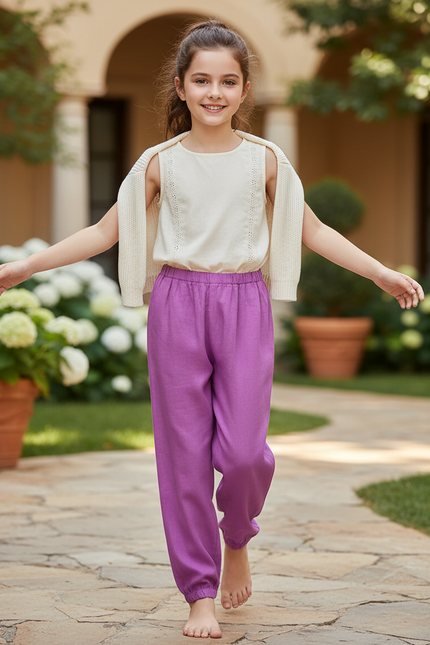 Pantalon En Lin Violet Ample Enfant Léger Fluide