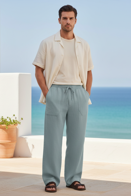 Pantalon En Lin Homme Ample Droit Décontracté Cordon - Bleu