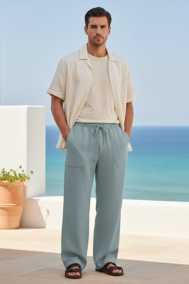 Pantalon En Lin Homme Ample Droit Décontracté Cordon - Bleu