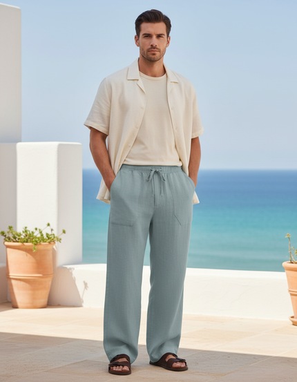 Pantalon En Lin Homme Ample Droit Décontracté Cordon - Bleu