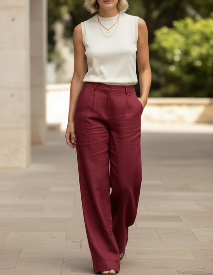 Pantalon En Lin Bordeaux Ample Fluide Femme