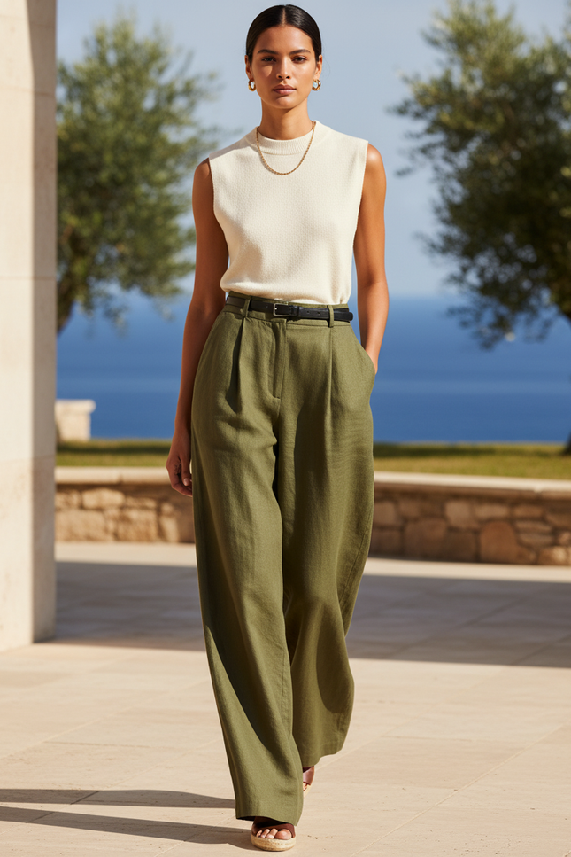 Pantalon En Lin Classe - Kaki