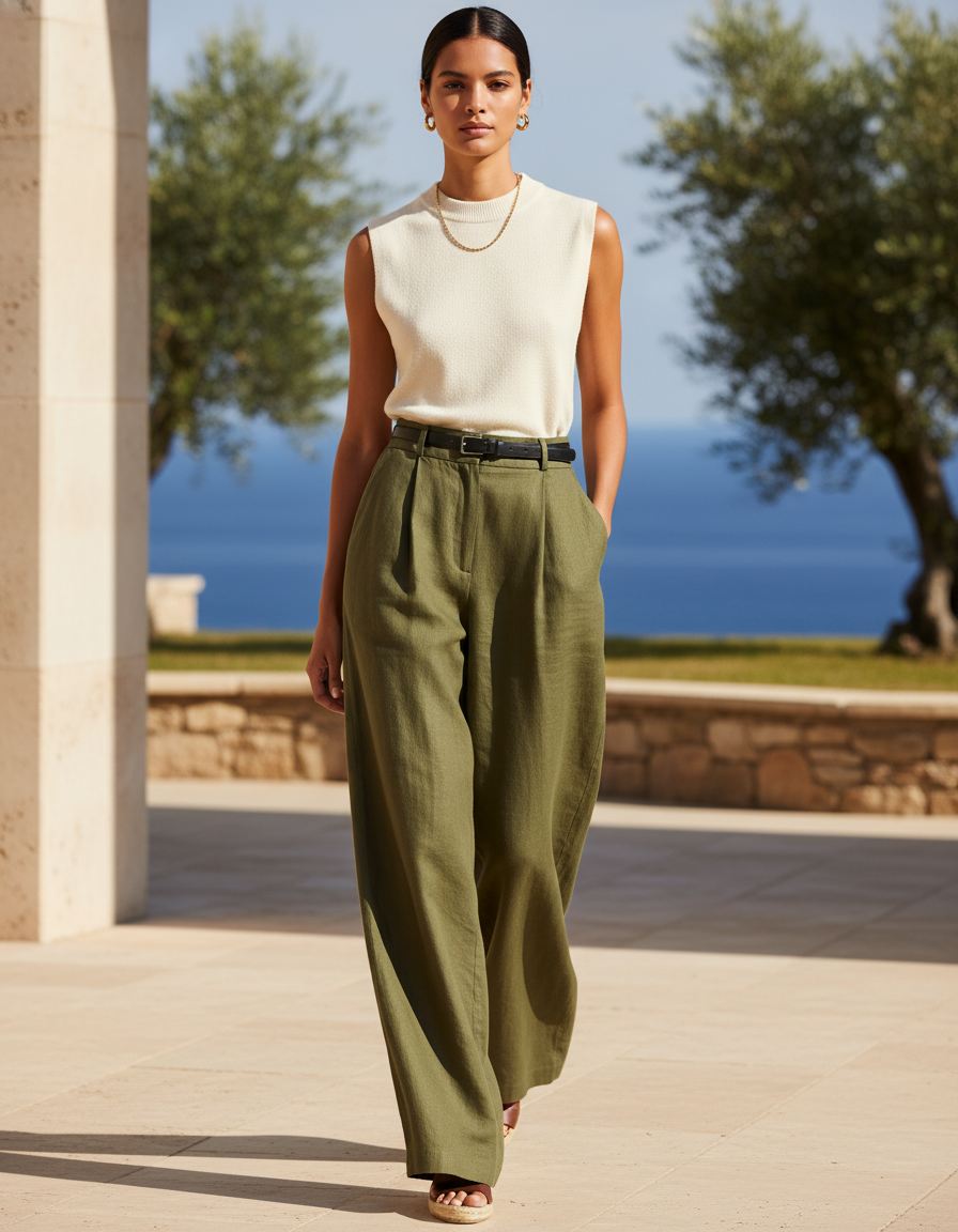 Pantalon En Lin Classe - Kaki