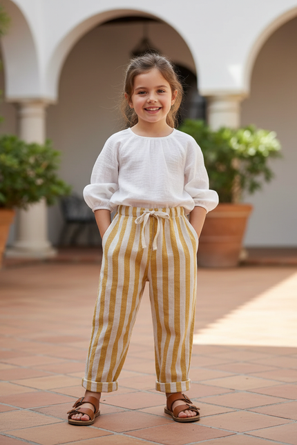 Pantalon Rayé En Lin - Jaune
