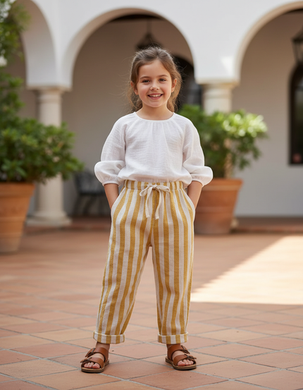Pantalon Rayé En Lin - Jaune