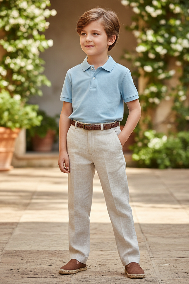 Pantalon En Lin Enfant Droit Beige Élégant Décontracté
