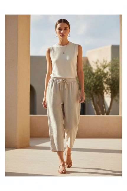 Pantalon En Lin Beige Ample Décontracté Léger