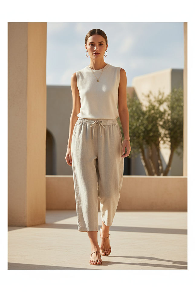 Pantalon En Lin Beige Ample Décontracté Léger