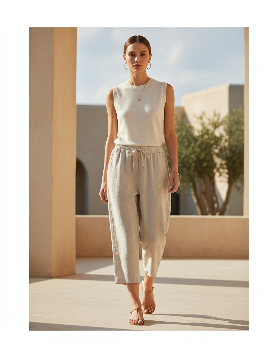 Pantalon En Lin Beige Ample Décontracté Léger