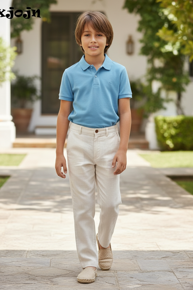 Pantalon En Lin Beige Garçon Décontracté Droit