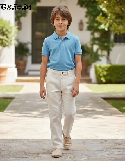 Pantalon En Lin Beige Garçon Décontracté Droit