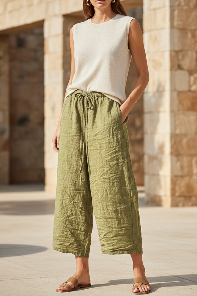 Pantalon En Lin Vert Ample Cordon Décontracté - Kaki