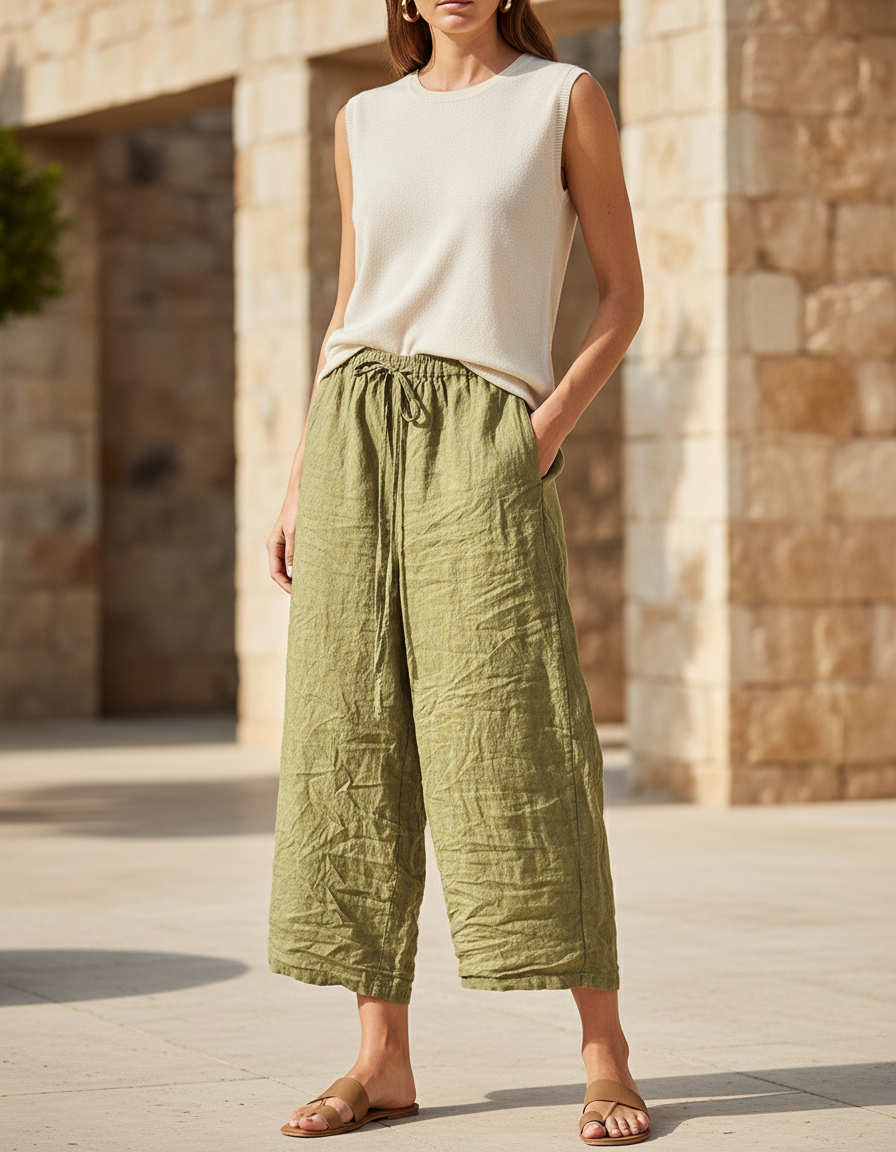 Pantalon En Lin Vert Ample Cordon Décontracté - Kaki