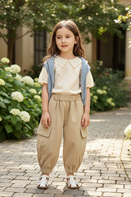 Pantalon En Lin Beige Ample Cargo Enfant