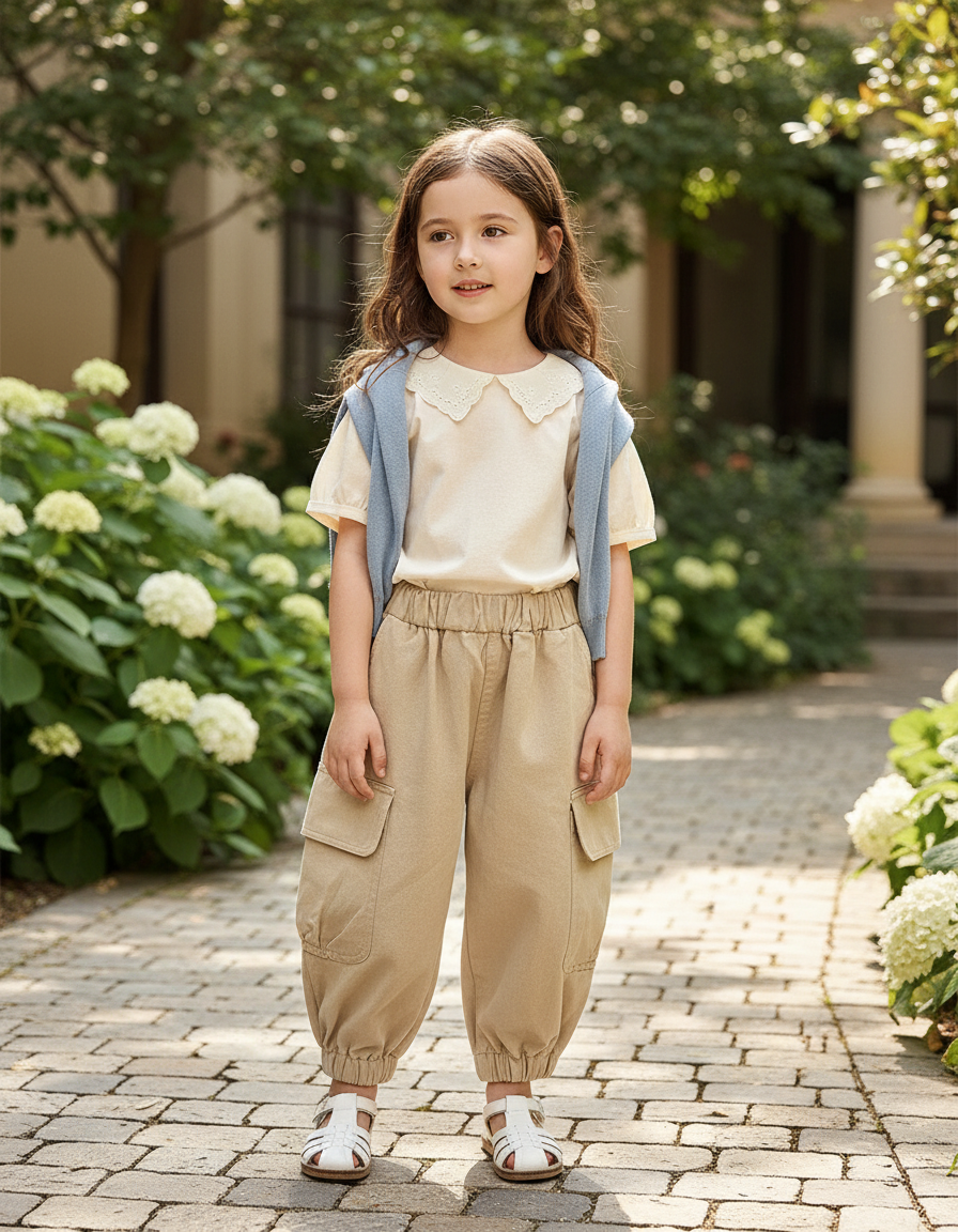Pantalon En Lin Beige Ample Cargo Enfant