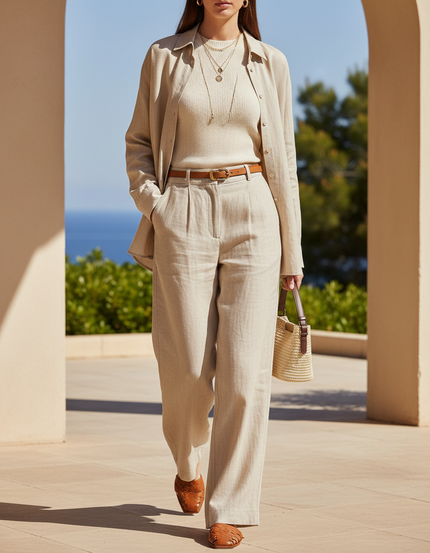 Pantalon En Lin Ample Plissé Beige Clair Élégant