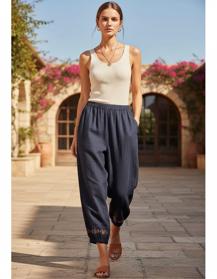 Pantalon En Lin Sarouel Bleu Brodé Décontracté - Marine