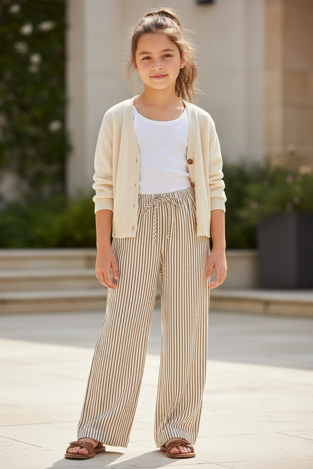 Pantalon En Lin Rayé Ample Confortable Fille - Imprimé