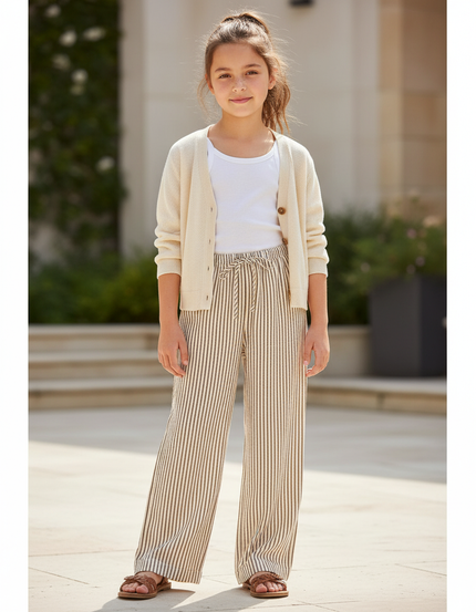 Pantalon En Lin Rayé Ample Confortable Fille - Imprimé