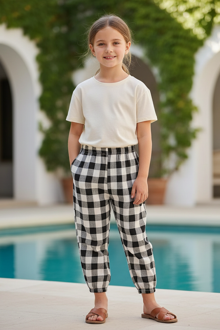 Pantalon En Lin Carreaux Vichy Noir Blanc Ample Fille - Imprimé Molleton