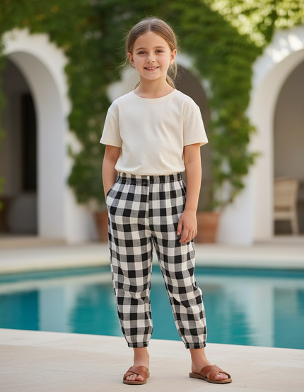 Pantalon En Lin Carreaux Vichy Noir Blanc Ample Fille - Imprimé Molleton