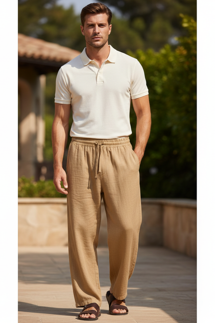 Pantalon En Lin Homme Ample Cordon Décontracté Beige