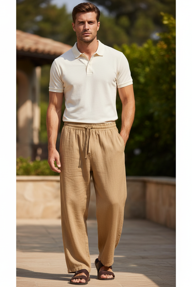 Pantalon En Lin Homme Ample Cordon Décontracté Beige