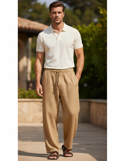 Pantalon En Lin Homme Ample Cordon Décontracté Beige