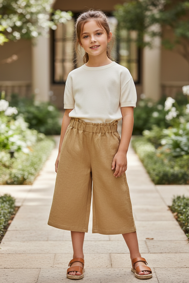 Pantalon En Lin Ample Beige Fille Décontracté Fluide - Camel