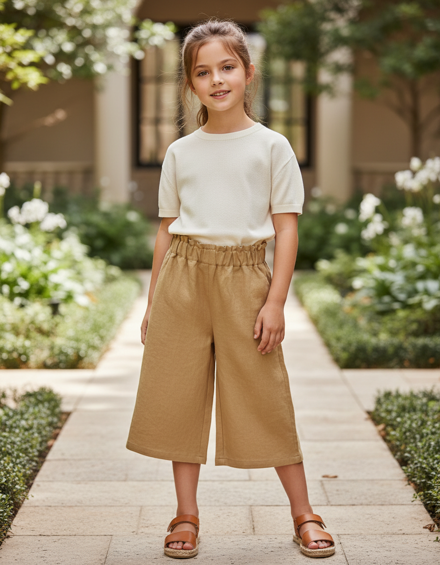 Pantalon En Lin Ample Beige Fille Décontracté Fluide - Camel