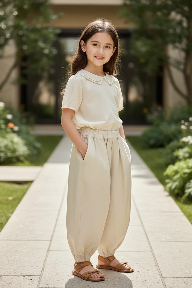Pantalon En Lin Beige Ample Enfant Léger Fluide