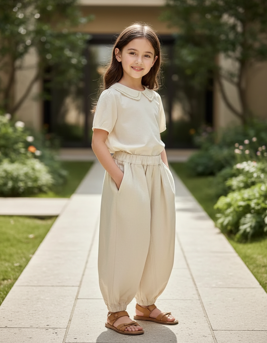 Pantalon En Lin Beige Ample Enfant Léger Fluide