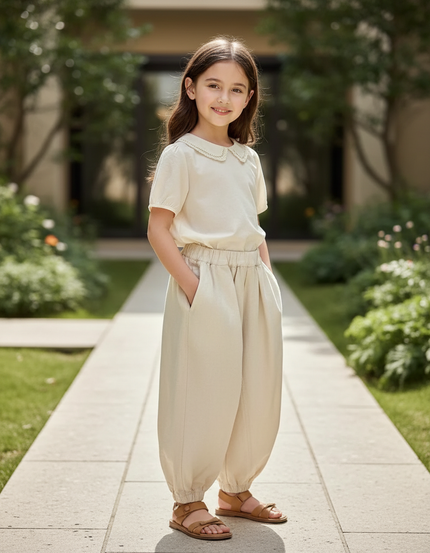 Pantalon En Lin Beige Ample Enfant Léger Fluide