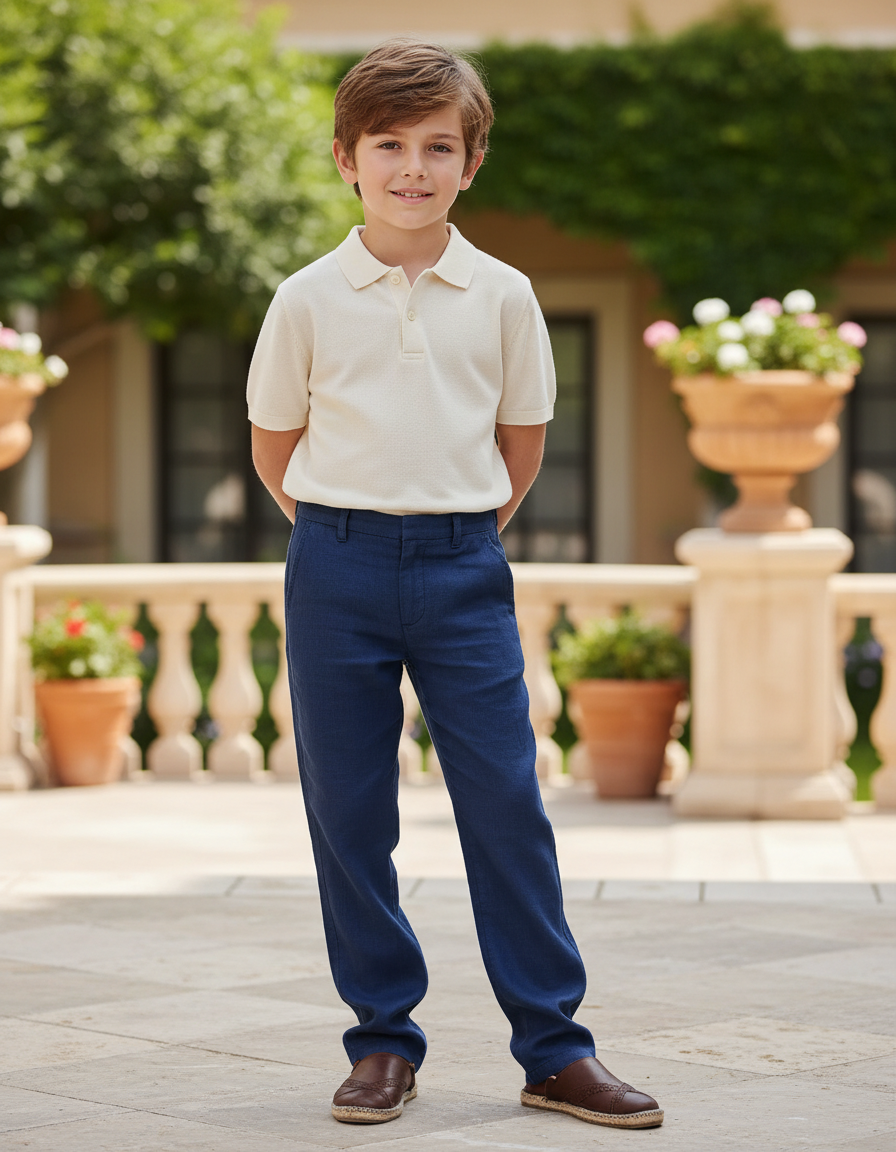 Pantalon En Lin Bleu Marine Ample Décontracté Garçon Léger