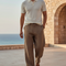 Pantalon En Lin Marron Ample Décontracté Élégant Homme