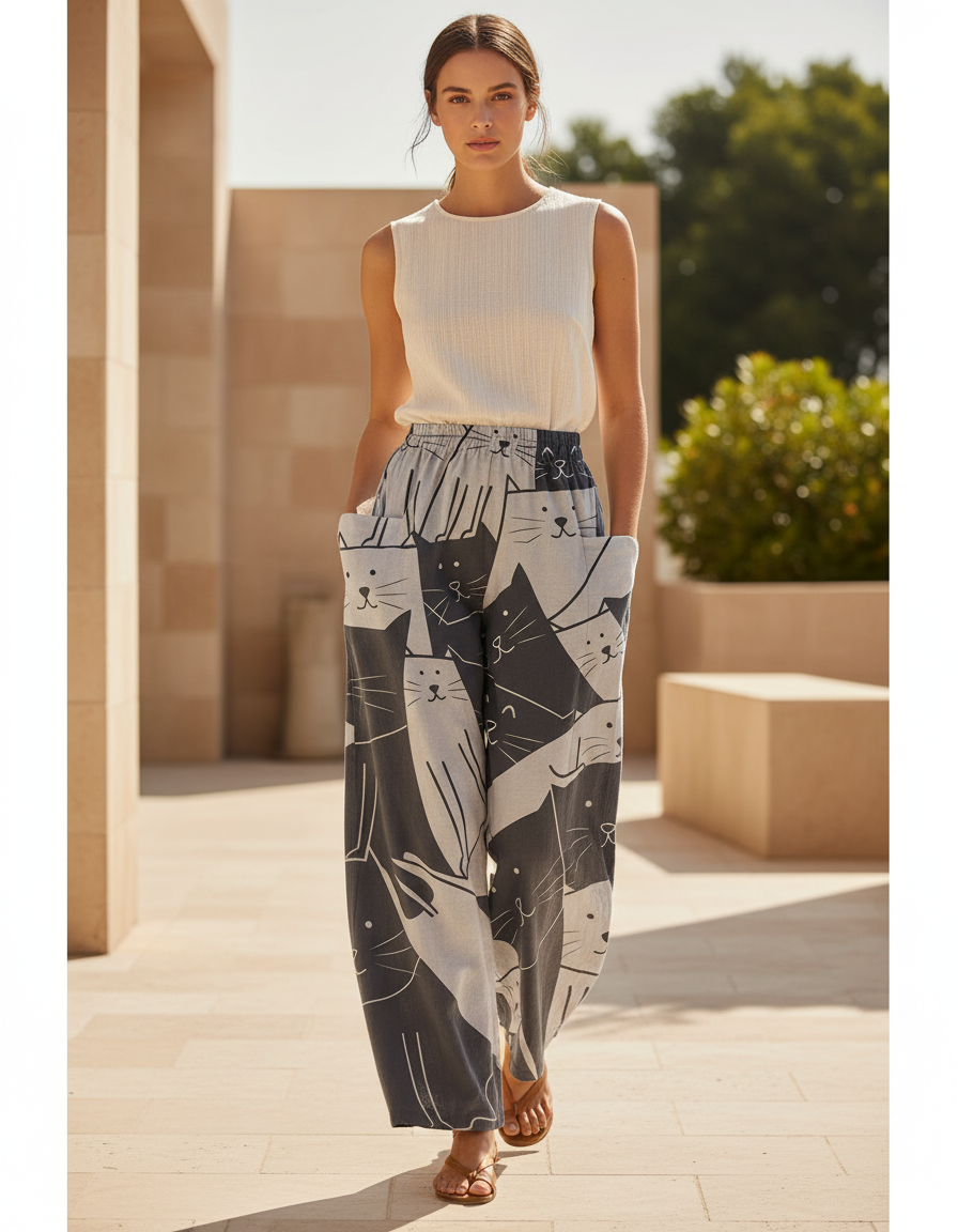 Pantalon En Lin Ample Imprimé Chat Taille Élastique