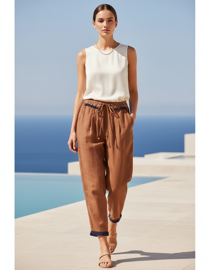Pantalon Lin Camel Femme