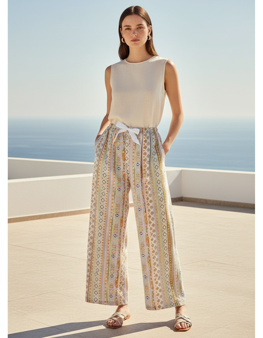 Pantalon En Lin Ample Motif Ethnique Fluide Femme - Multicolore