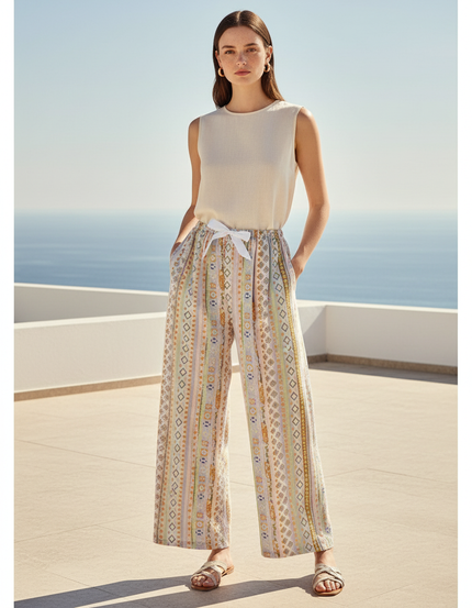 Pantalon En Lin Ample Motif Ethnique Fluide Femme - Multicolore