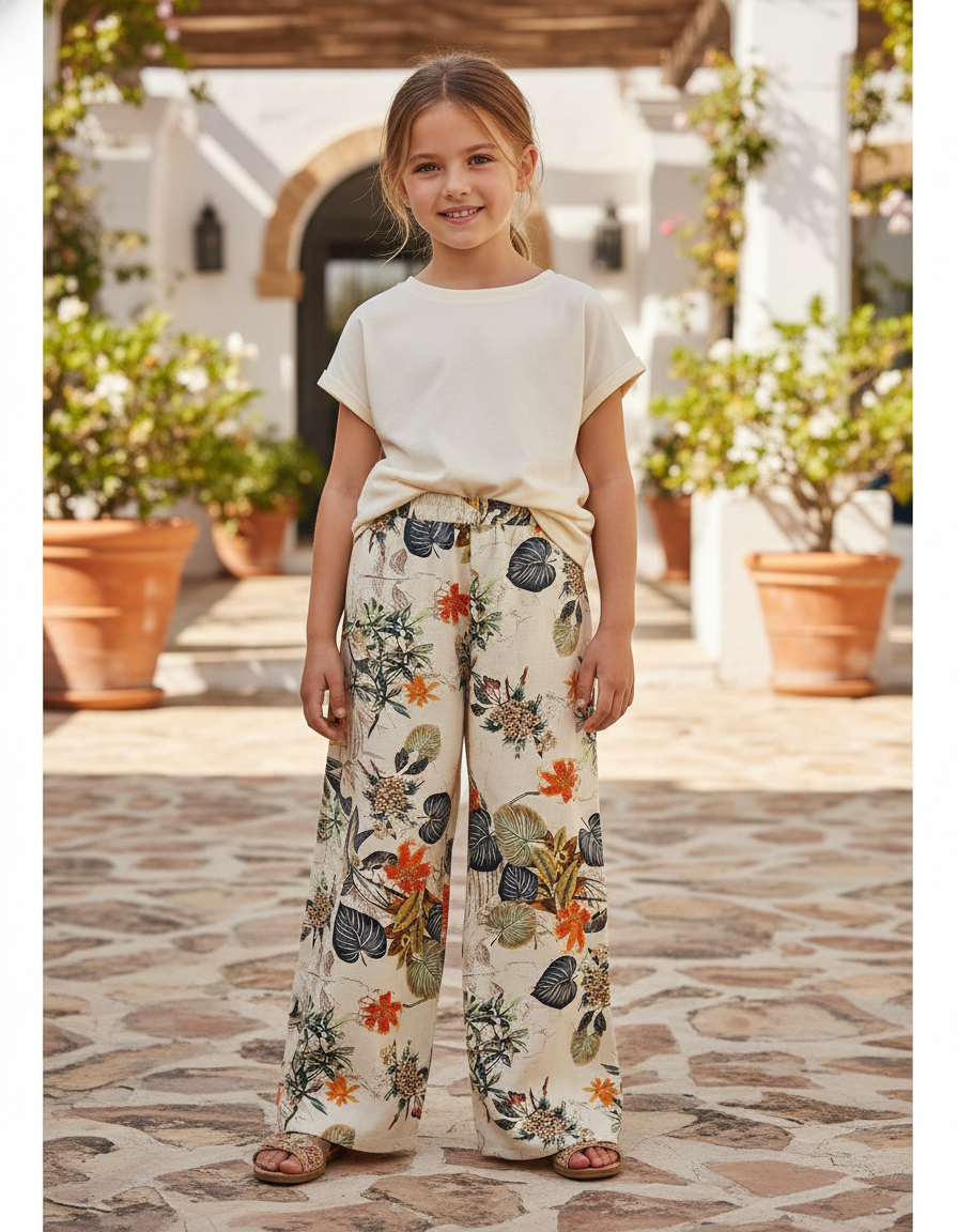 Pantalon En Lin Imprimé Floral Ample Décontracté Fille