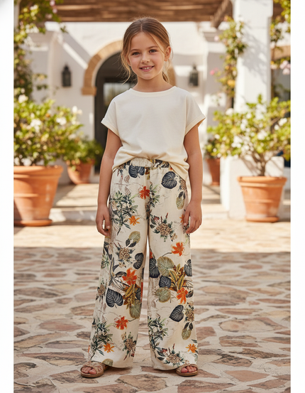 Pantalon En Lin Imprimé Floral Ample Décontracté Fille