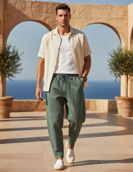Pantalon En Lin Vert Ample Cordon Décontracté Léger