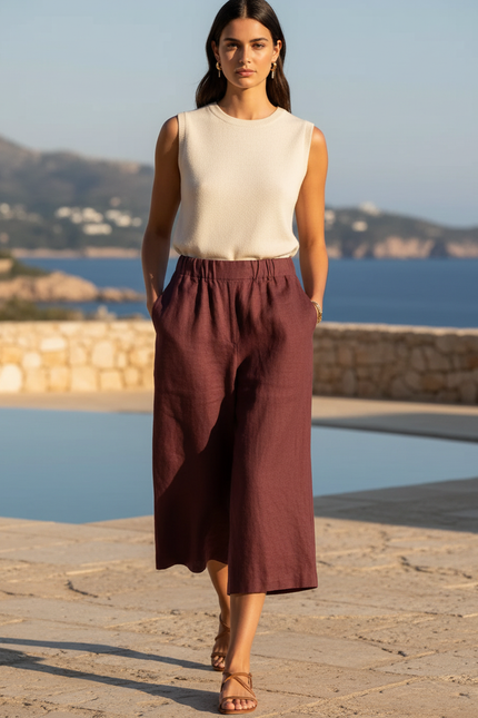 Pantalon En Lin Ample Fluide Taille Élastique Marron Femme - Bordeaux