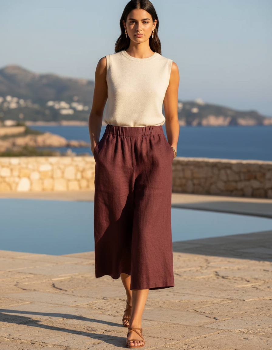 Pantalon En Lin Ample Fluide Taille Élastique Marron Femme - Bordeaux