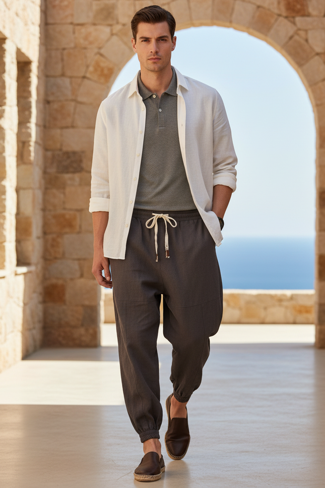 Pantalon En Lin Homme Ample Décontracté Sarouel Cordon - Gris