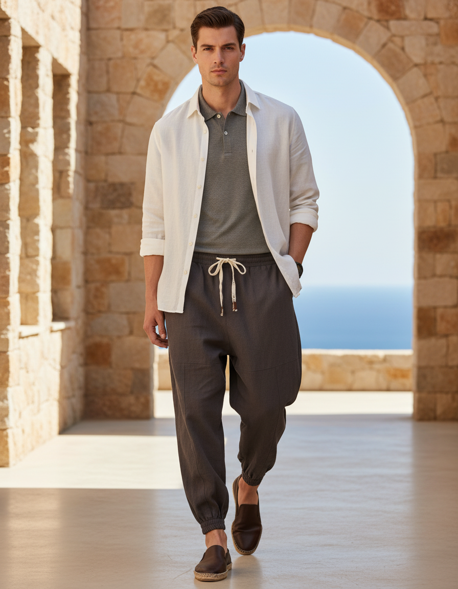 Pantalon En Lin Homme Ample Décontracté Sarouel Cordon - Gris