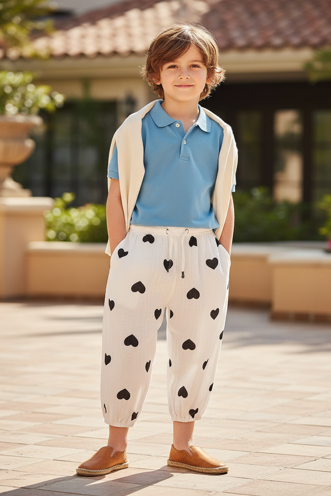 Pantalon En Lin Blanc Cœurs Noirs Garçon Estival