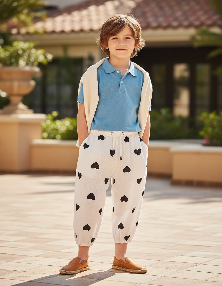 Pantalon En Lin Blanc Cœurs Noirs Garçon Estival