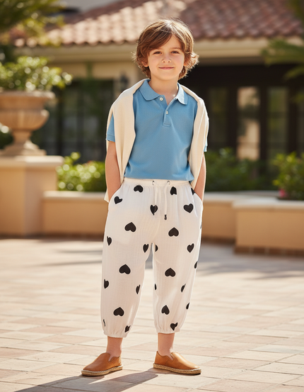 Pantalon En Lin Blanc Cœurs Noirs Garçon Estival