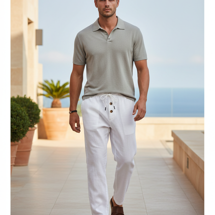 Pantalon En Lin Homme Blanc Ample Décontracté Léger
